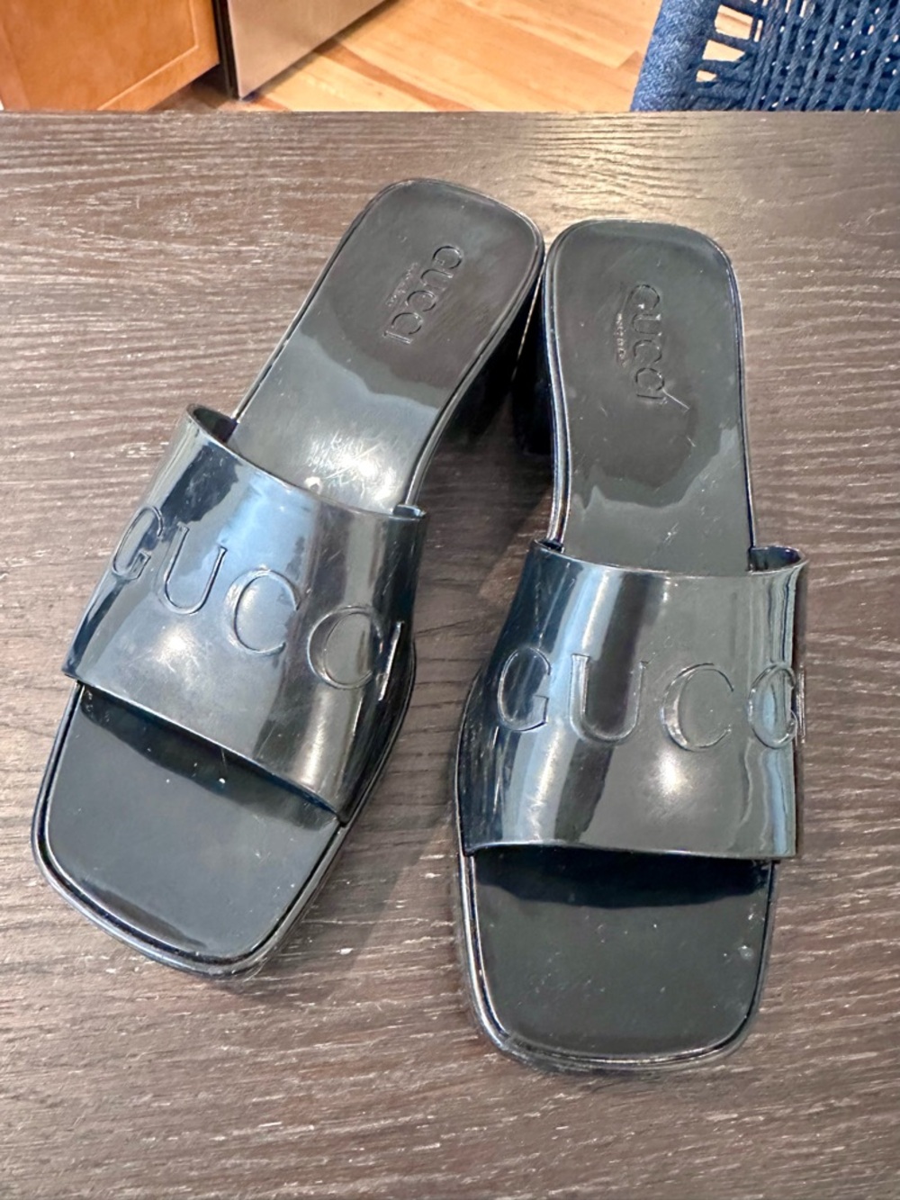 Gucci Black Patent Logo Slide Mules